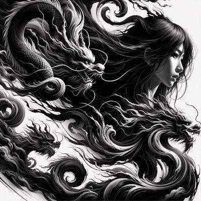 The primary subject of the image is a woman with long black hair, who is depicted as a dragon. She is surrounded by a swirling, flowing design that resembles a dragon's tail. The setting is a black and white illustration, giving it a dramatic and artistic appearance. The visual style is a combination of digital art and traditional drawing, creating a unique and captivating image. The colors and mood of the image are predominantly dark and moody, with the woman's